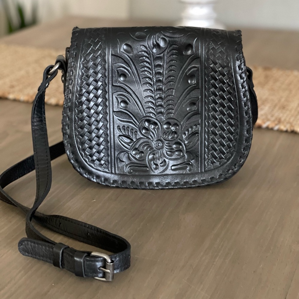 Patricia Nash Black Tooled Leather Crossbody Bag with Adjustable Strap